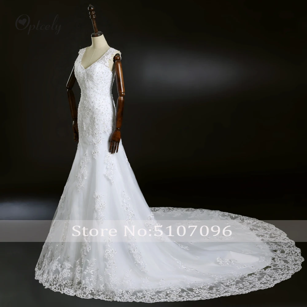 Optcely Sexy Mermaid V-neck Sleeveless Elegant Sweep Train Wedding Dresses Lace Appliques Beaded beautiful Bride Princess Gowns