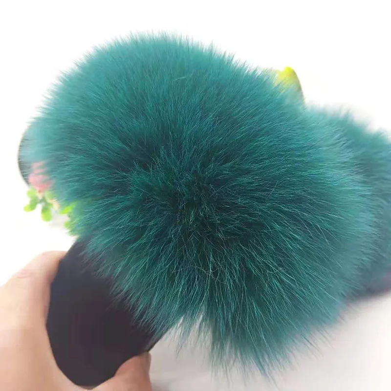 Green Детские меховые тапочки; женские шлепанцы с натуральным лисьим мехом; Домашние меховые сандалии на плоской подошве; детская Милая пушистая домашняя обувь; Роскошные детские меховые вьетнамки - Цвет: Green