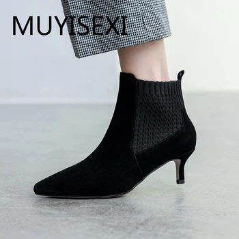 

Sexy Ankle Boots Pointed Toe 5cm Thin Heels Knitting Socks Boots Slip on Winter Solid Autumn Boots For Women MING04 MUYISEXI