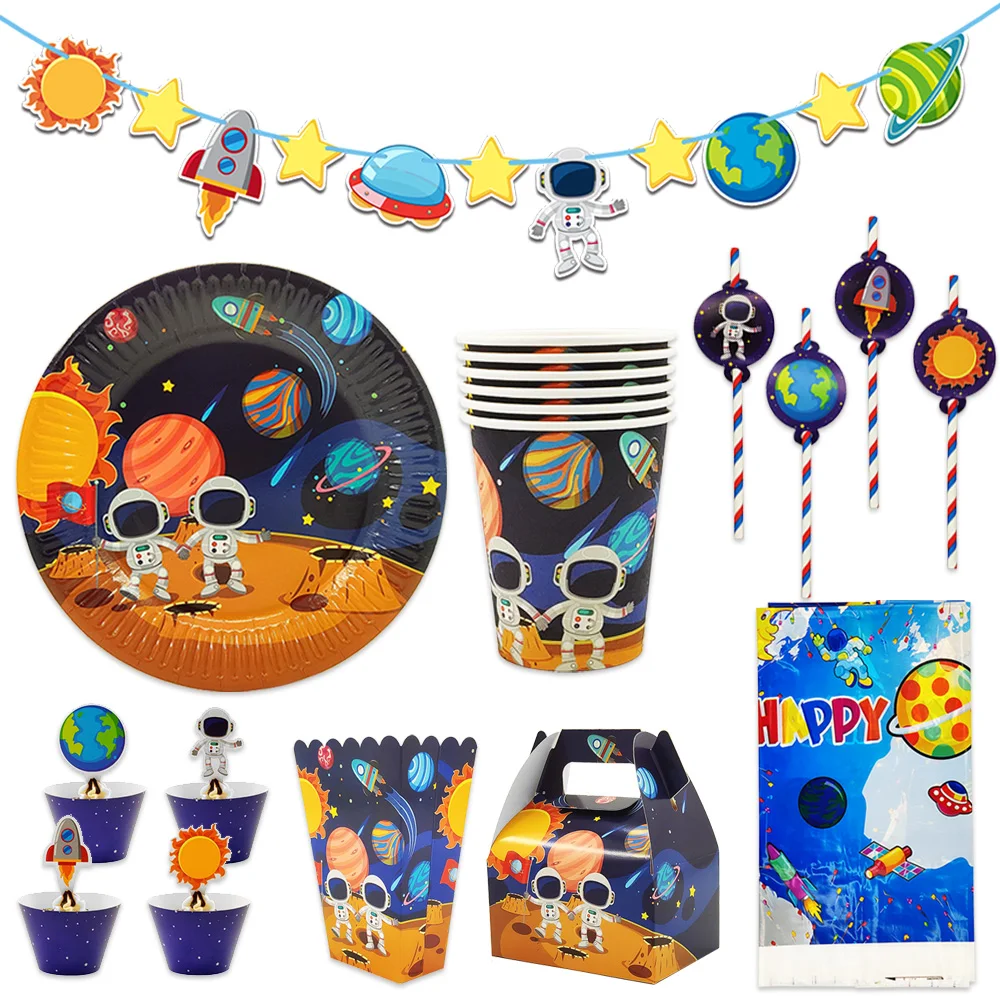

For Kids Astronaut Spaceship Solar Space Party Supplies Tableware Banner Plate Cup Straw table cloth cupcake wrapper ect.