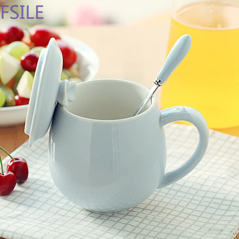 Fsile Creative Small Fresh Heat-resistant Mug 380ml Cup with Lid Milk Coffee Ceramic Cup Couple Cup Office Drinking Cup Gift