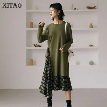 

XITAO Pleated Women Dress False Two Piece Knitted Patchwork Full Sleeve Drawstring 2020 Spring Patchwork Casual Dress DMY3435