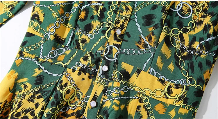 Summer Office Lady Green Yellow Flower Elegant Chain Print Women Dress Casual High Waist Floral Print Party Vintage Female Dress