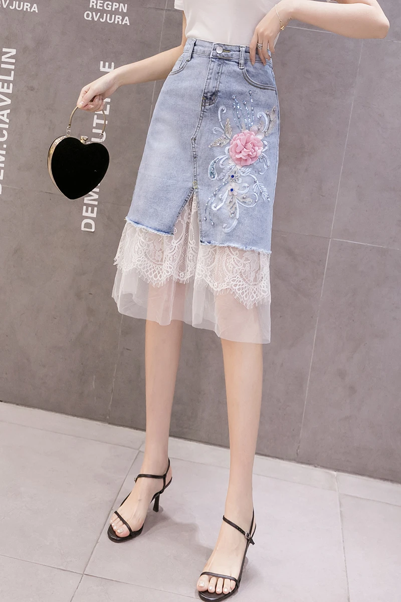 Мини юбка с высокой талией для женщин Жемчуг 3D Цветочная вышивка блестками лето
