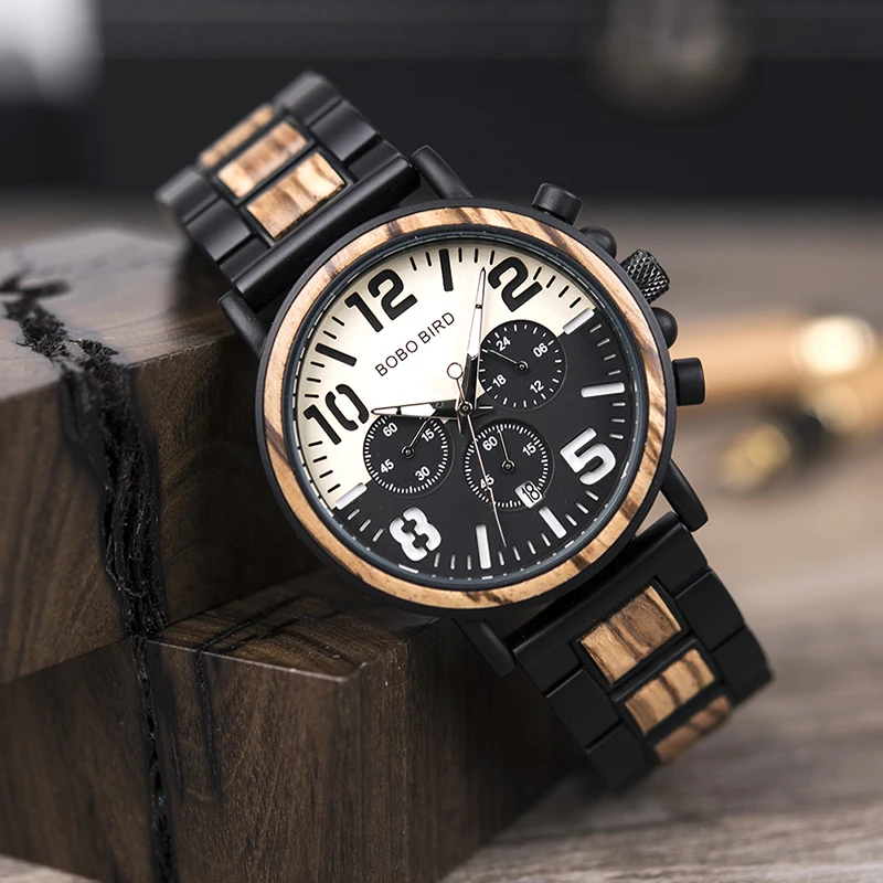 $27.59 Bobo Bird Top Brand Relogio Masculino Men Watch Wood Stainless Steel Case Chronograph Wristwatch