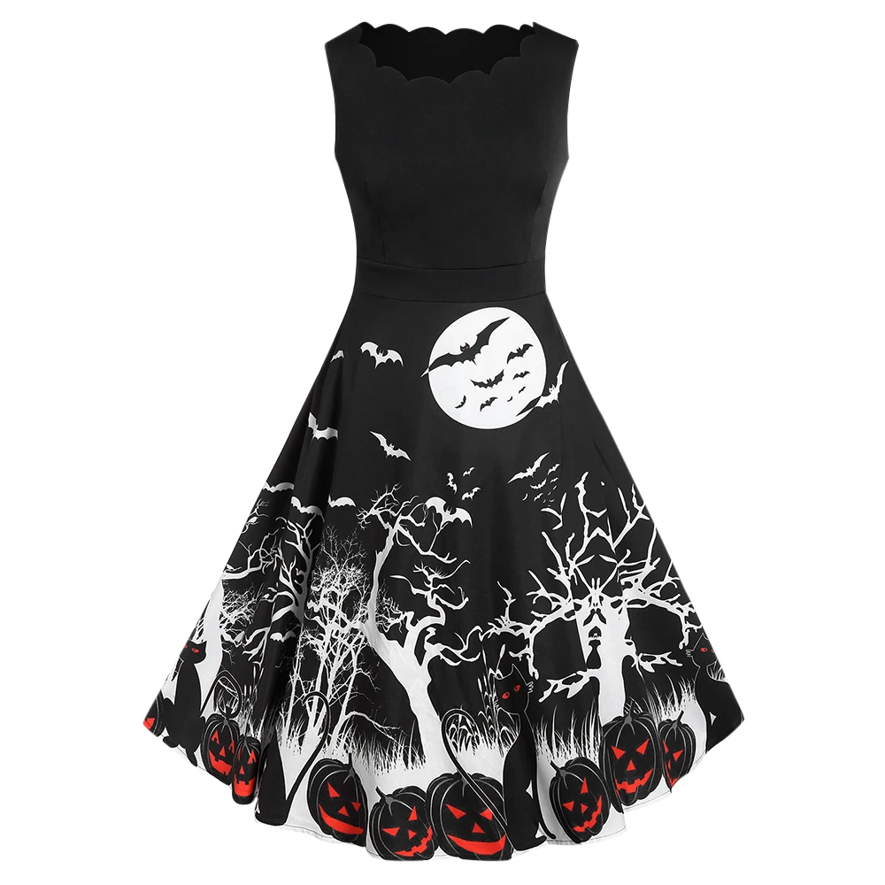 

Plus Size Retro Pumpkin Bat Print Halloween Dress Women Vintage A-Line Dress Swing Horrifying Gothic Retro Dresses 5XL