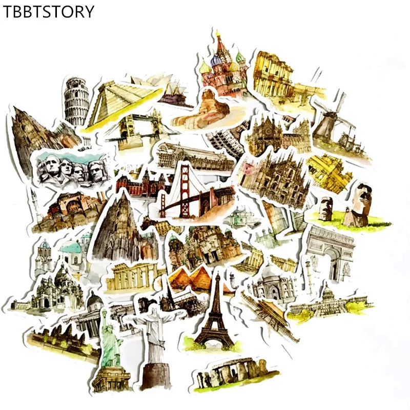 

42Pcs World Famous Landmark Building Stickers for Scrapbook Skateboard Laptop Luggage Snowboard Fridge Phone Waterproof Sticker