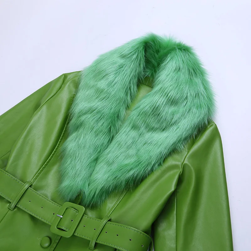 WannaThis Faux Leather Fur Coat Women With Belt Warm Thick Outwear PU Leather Streetwear Female Elegant Outwear Long Coat Green