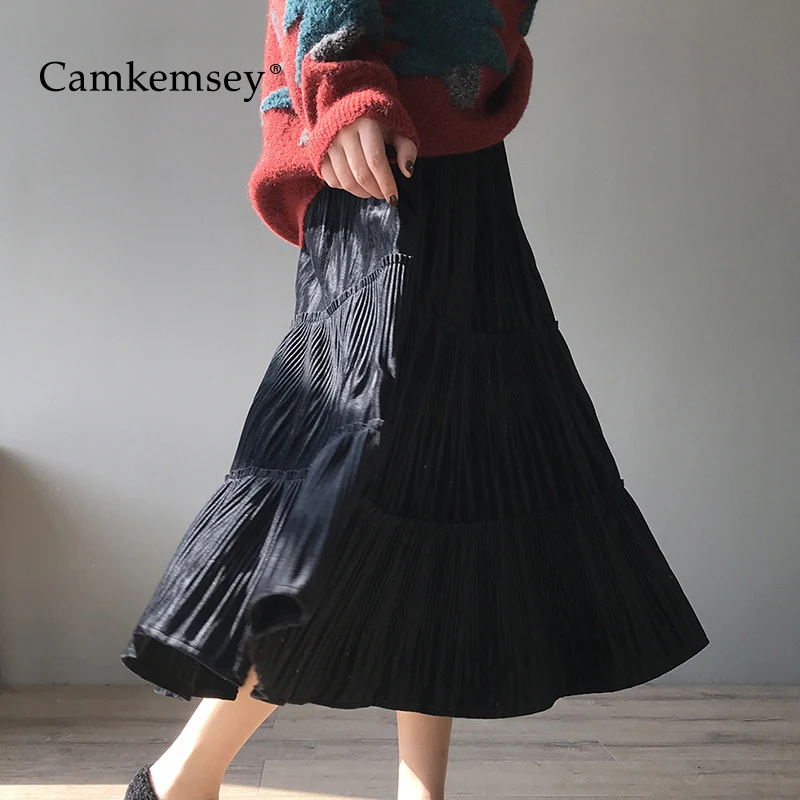 CamKemsey вечерние длинные юбки для женщин Корейский Осень Зима Эластичный Высокая талия Винтаж Бархат Макси плиссированные юбки