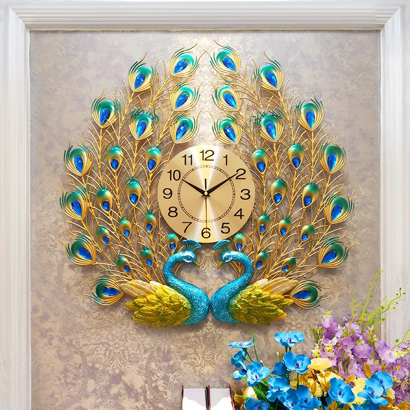 

Double Peacock Wall Clock Home Decor Metal Wall Watch Living Room Silent Clock Wall Modern Design Europe Digital Wall Clocks