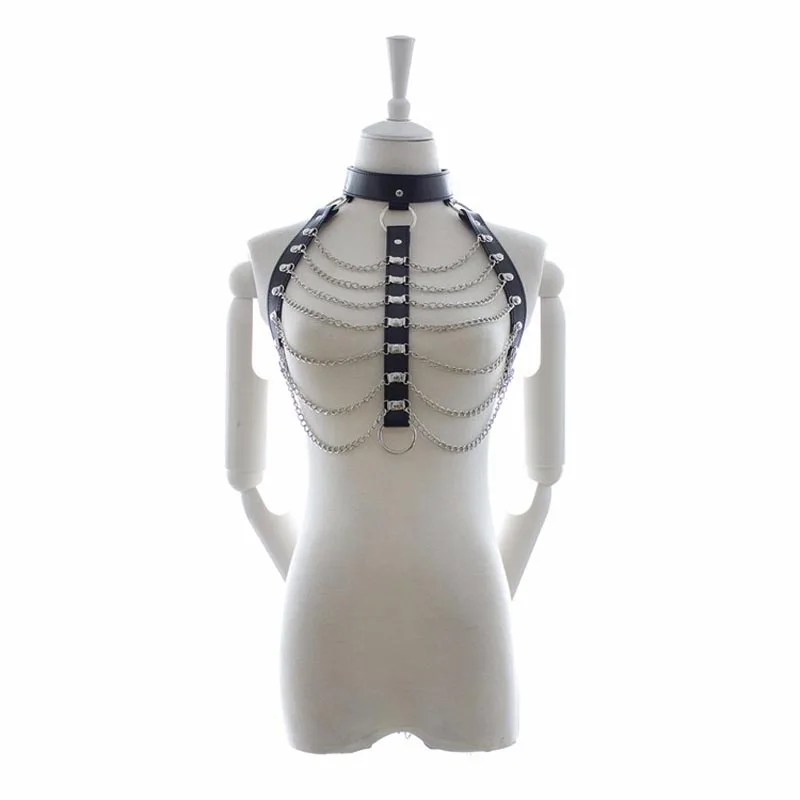 Sexy Faux Leather Body Harness Metal Drape Chain Bra Crop Top Vest Lockable Collar Fetish Bondage Underwear Costume