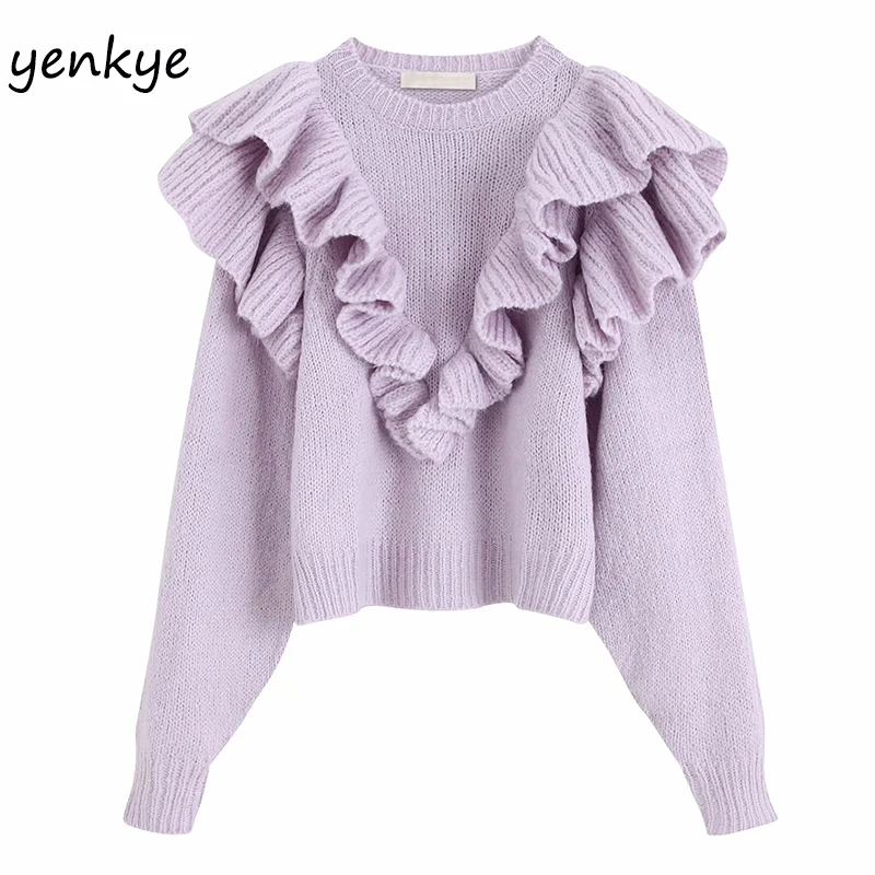 

2019 Women Layered Ruffle Knitted Sweater Female Long Sleeve Round Neck Autumn Pullover Pull Femme Plus Size Crop Sweater