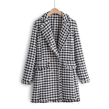 

vintage women blazer stylish houndstooth plaid tweed notched collar tassel long coat female office wear fashion tops