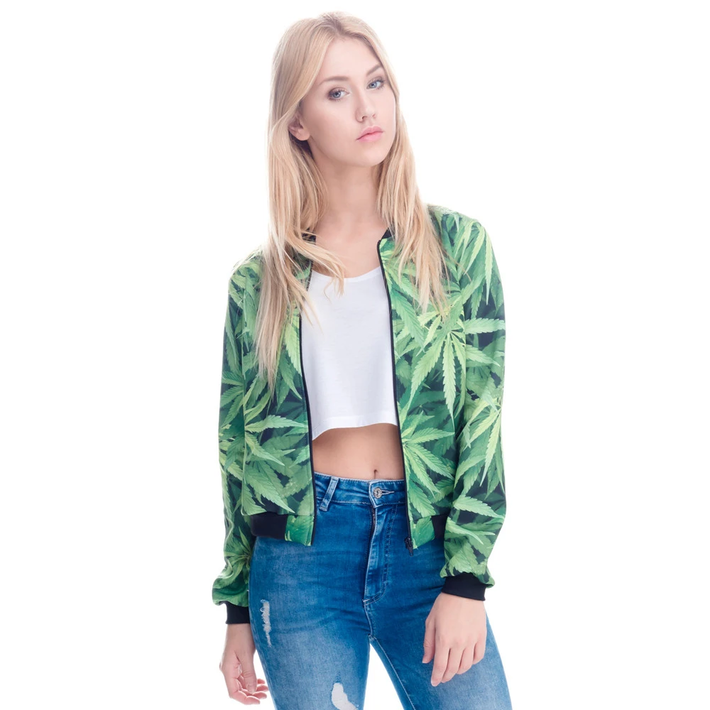 

Women Bomber Jacket 3D Printed Weeds Outwear Long Sleeve Short Jacket Coats Casual Basic Jackets#3