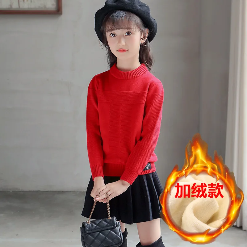 Girls Korean-style Sweater Pullover Autumn And Winter O Neck Crew Neck Big Boy Striped T-Cotton Plus Velvet Thick