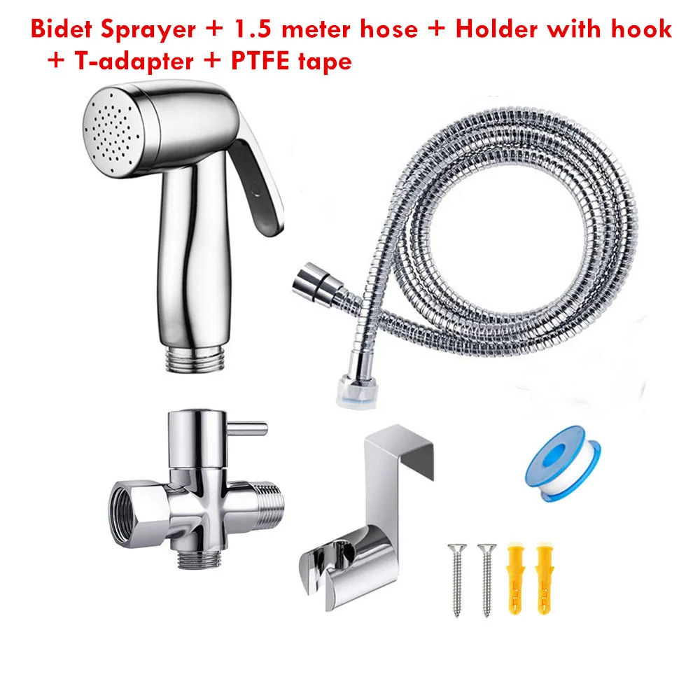 As picture Toilet Bidet Sprayer Faucet Bathroom Handheld Shattaf Brass T adapter 1.5m Hose Tank Hooked Holder Cloth Diaper Hygienic Muslim - Цвет: As picture