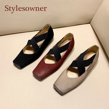 

Wine Red Retro Shallow Mouth Elastic Single Shoes Square Toe Ballet Shoes Pumps Ladies Leather Art Mary Jane Women Shoes Party