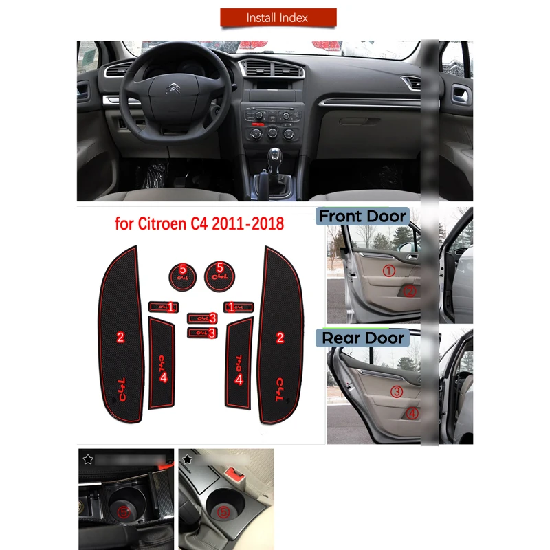 Противоскользящий резиновый коврик со слотом для ворот и чашки Citroen C4 2011 2012 2013 2014