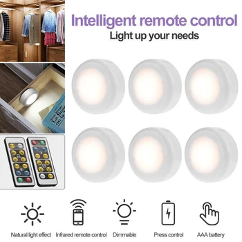 

6pcs Battery Operated LED Under Cabinet Light LED Puck Lights Closets Lights with Remote Control for Wardrobe Bathroom
