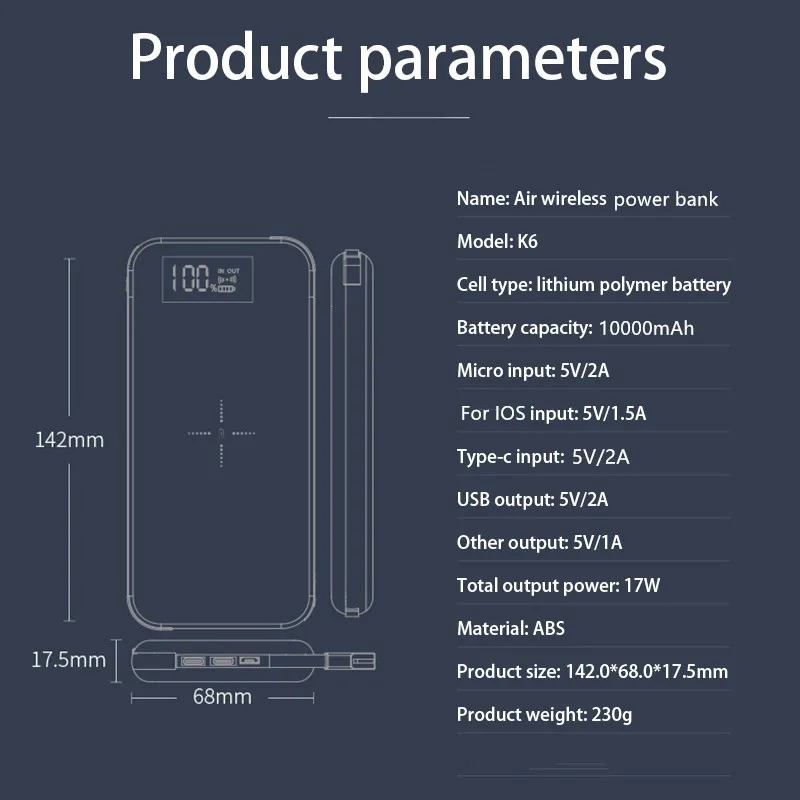 Qi беспроводной банк питания 10000 мАч портативный 2 usb type-c зарядное устройство для iPhone samsung power Bank Встроенный 2 зарядный кабель