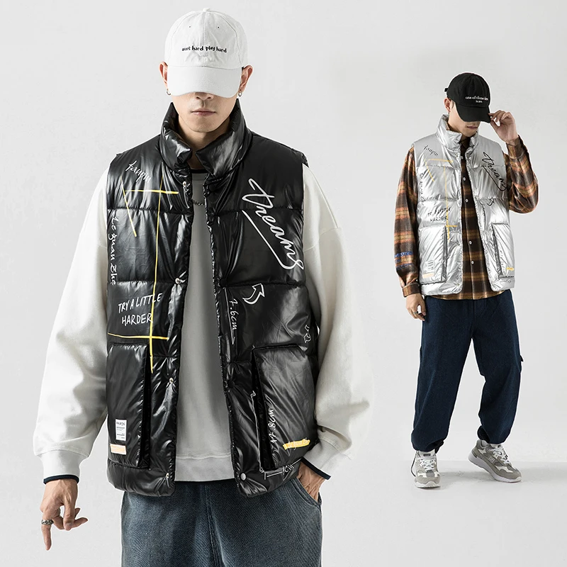 

Autumn Winter Mens Cotton Padded Vests Man Streetwear Hip Hop New Japanese Style Graffiti Print Vest M-5xl Outwear