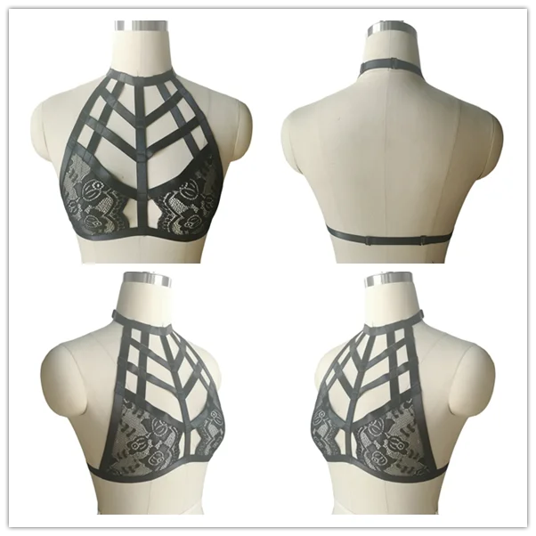 6 Кружева Черный бюстгальтер сексуальный перспектива пентаграмма ремень крепления к туловищу женские готичный Лиф нижнее белье в стиле «панк» рейв укороченный топ портупея - Color: 6