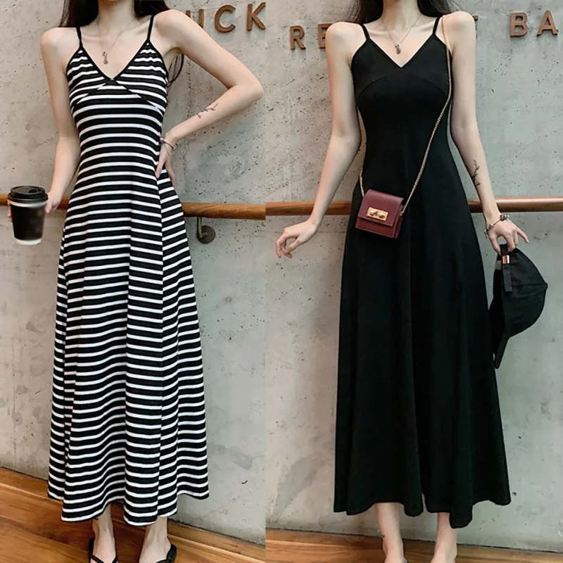

Women Ladies Summer FashionAnkle-Length Sleeveless V Neck Spaghetti Strap Side Slit Striped/Solid Maxi Fit And Flare Dress
