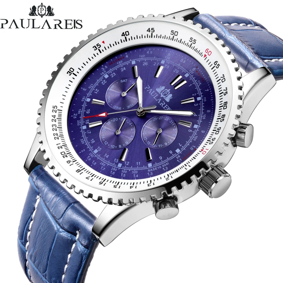 Bracelet en cuir véritable pour hommes, mécanique à remontage automatique, en acier inoxydable, noir, marron, bleu, sport, grande taille 50mm_voghion.com