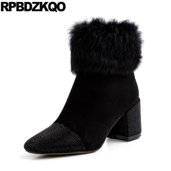 

winter women ankle boots medium heel diamond chunky crystal black high square toe rhinestone suede block shoes short quality