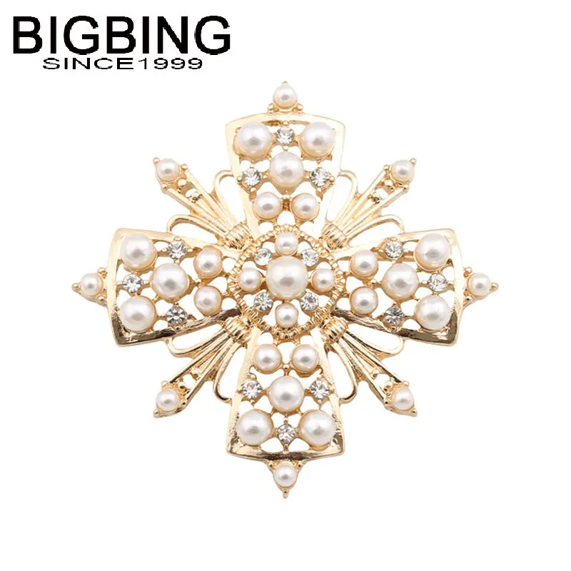 

Q092 BIGBING Fashion jewelry golden crystal pearl hollow cross brooch fashion Brooch women jewlery good quality nickel free