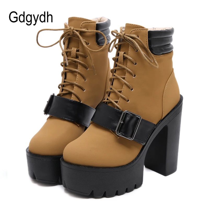 

Gdgydh Fashion Buckle Japanese Gothic Punk Shoes Women Platform Heels Brown Lace-up Extreme High Heels Model Nightclub Drop Ship