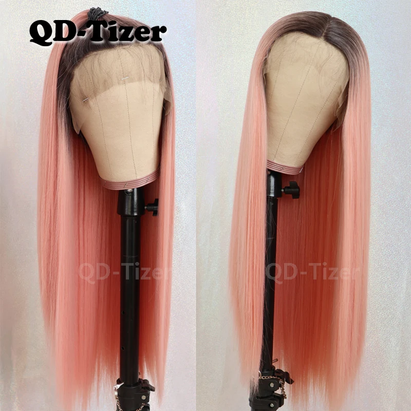 QD Tizer # 1b/Розовый Ombre длинные кружевные парики прямые Glueless термостойкие