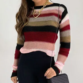 

2020 Knitted Women Round Neck Casual Pullover Striped Long Sleeve Sweater Top Autumn Winter Women Korean Style Sweater