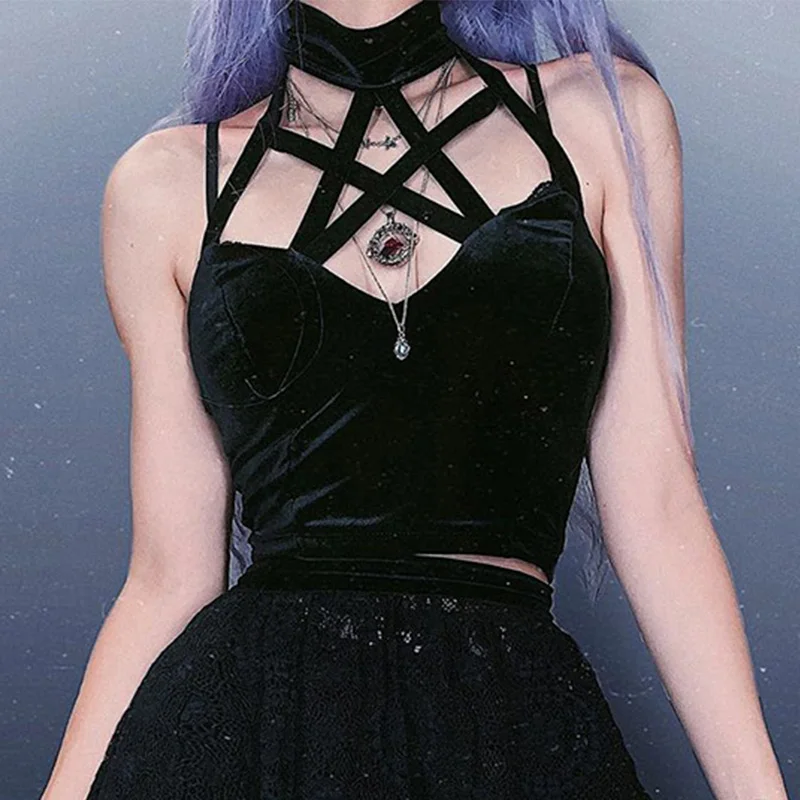 Hallow Out Sexy Backless Bodycon Tank Women Summer Gothic Pentagram Bandage Halter Camis Women Gothic Harajuku Black Crop Top