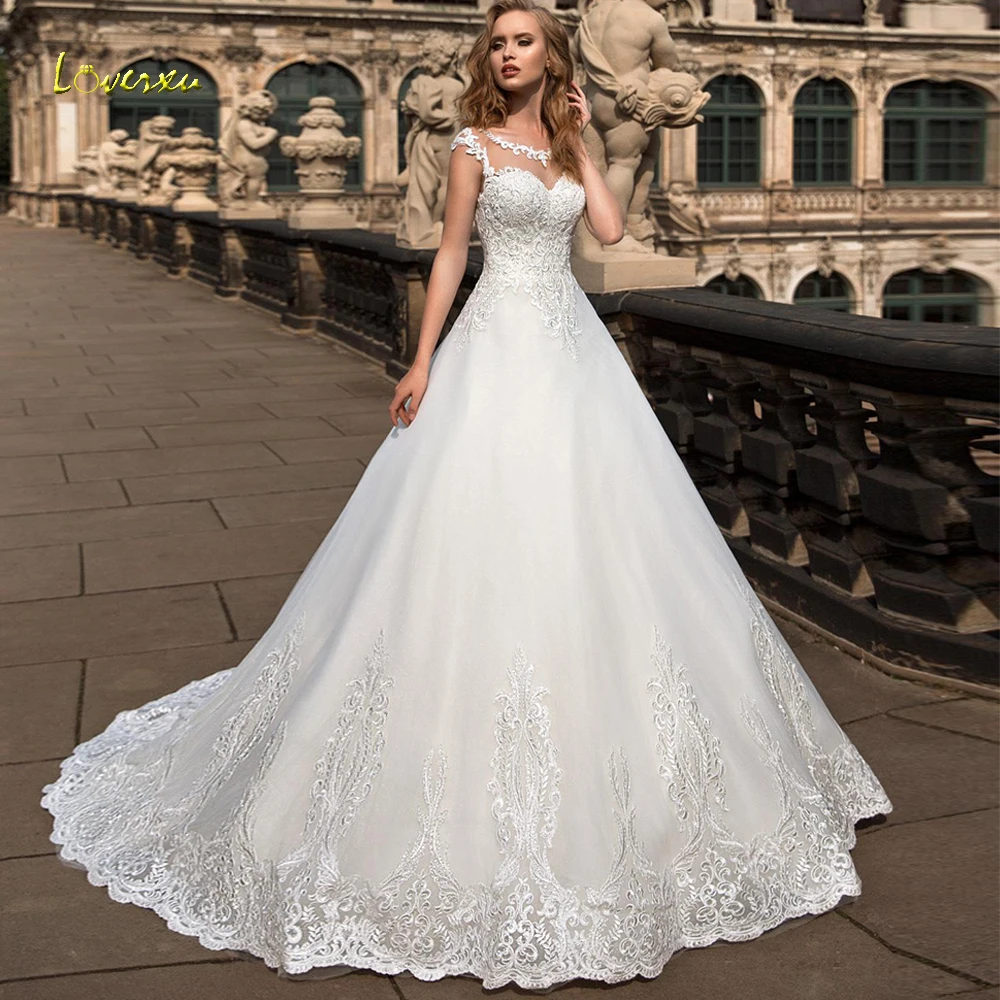 

Loverxu Chic Sccop A Line Wedding Dresses 2019 Delicate Applique Cap Sleeve Button Bride Dress Court Train Bridal Gown Plus Size