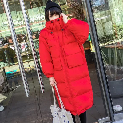 Harajuku модные повседневные свободные зимние куртки с карманами, женские длинные стеганые пальто со стоячим воротником, Женская однотонная парка, топ, большие размеры, f2194 - Цвет: red