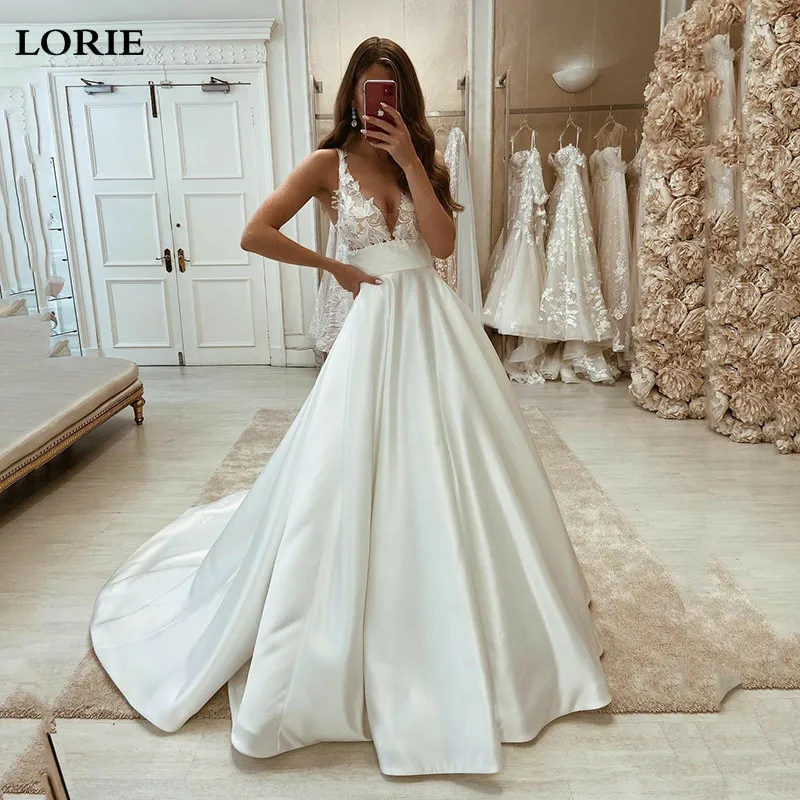 

LORIE Satin Princess Wedding Dress A Line Top Lace Bride Dresses Sexy V Neck Appliques Wedding Party Dress Customize