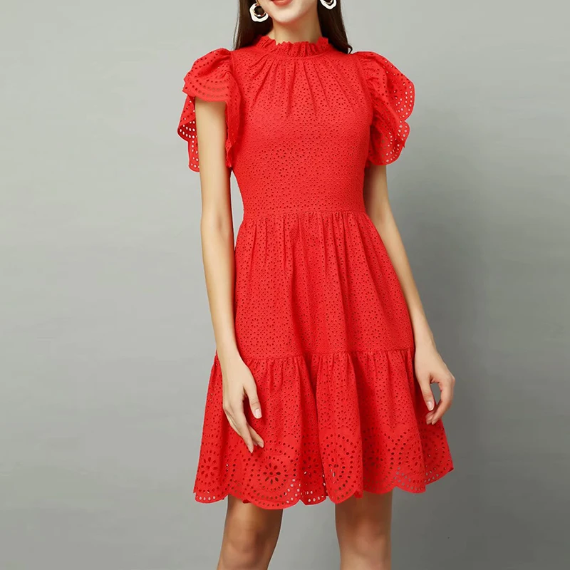 HIGH QUALITY Newest Runway Dress Women's Butterfly Sleeve Hollow Out Embroidery Cotton Dress