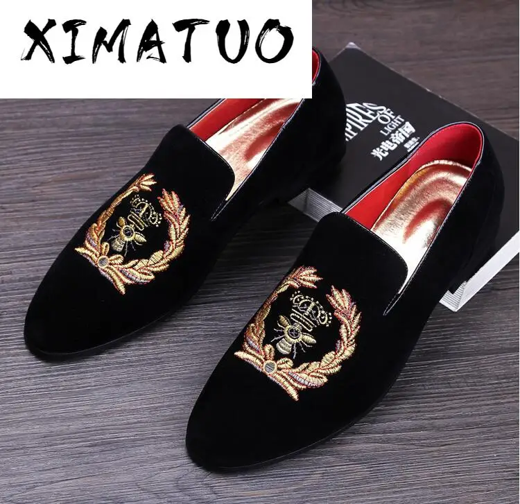New spring Men Velvet Loafers Party wedding Shoes Europe Style Embroidered black Slippers Driving moccasins 118 | Обувь