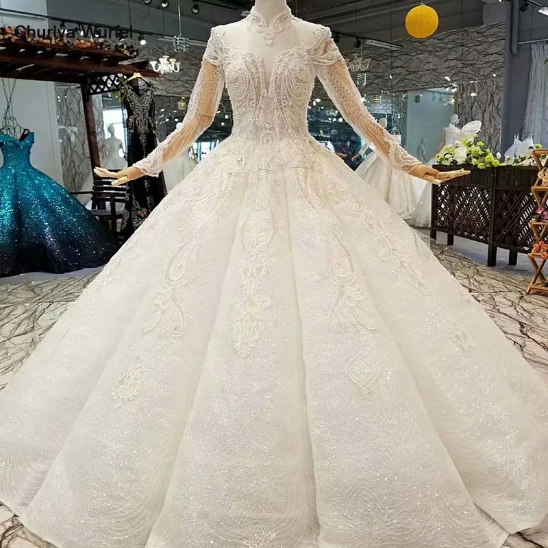 

LS641410 floor length muslim ivory wedding dresses high neck long sleeves lace up back curve shape wedding gown quick shipping