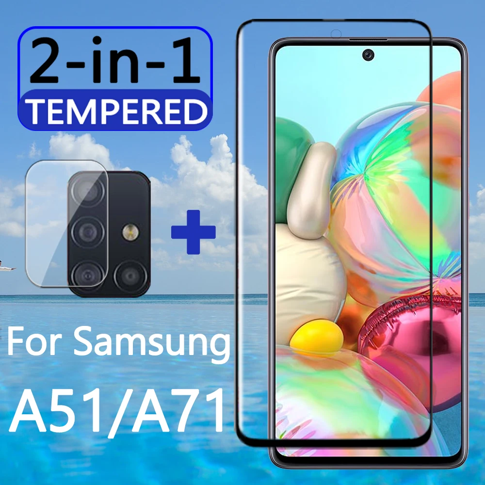 2 in 1 A71 A51 2019 Protective Glass and Camera Lens For Samsung Galaxy A 71 51 Screen Protector Tempered Glas full cover film | Мобильные