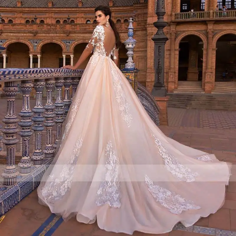 Vestidos De Novia сексуальные иллюзии с полурукавом и вырезом на спине свадебное платье винтажные кружевные аппликационные цветы линии Свадебные платья