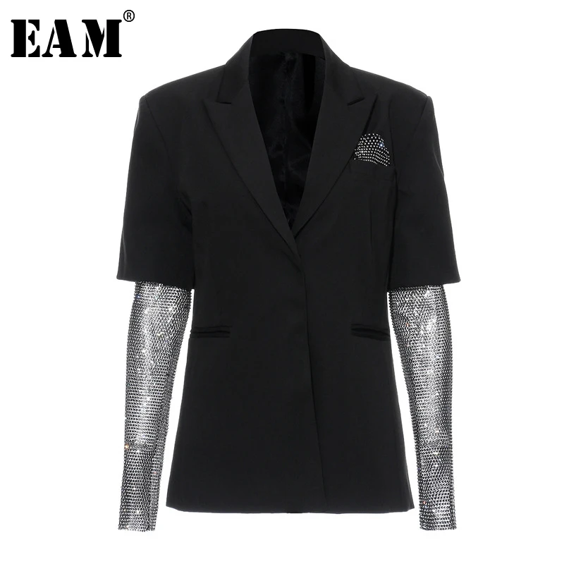Very best  [EAM] Loose Fit Rhinestone Blingbling Spliced Jacket New Lapel Long Sleeve Women Coat Fashion Tide 