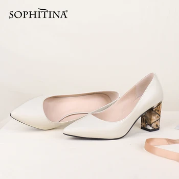 

SOPHITINA Women's Pumps Mature Leisure Leather Handmade Pumps Women Pointed Toe Square Heel Dress Office Career Shoes Women C750