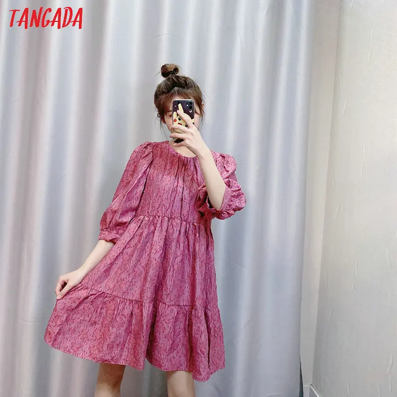 Tangada женское элегантное платье с вышивкой 3D цветы розовое платье с длинным рукавом милое Плиссированное мини-платье vestidos CE227