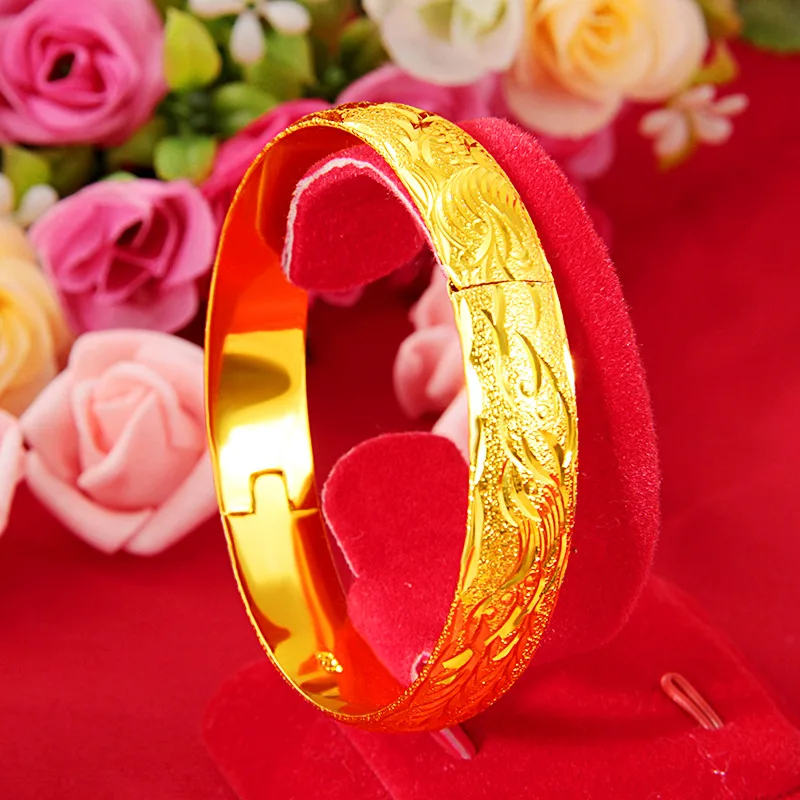 

Luxury 24k Pure Yellow Gold Bracelets for Women Matte Dragon Phoenix Bridal Bracelet Bangles Wedding Anniversary Jewelry Gifts