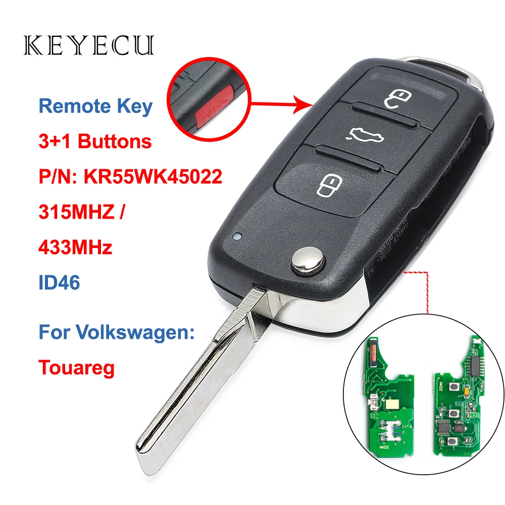 Keyecu пульт дистанционного ключа Yanhua 3+ 1 кнопки 315 МГц/433 МГц ID46 для VW Volkswagen Touareg 2002-2010, KR55WK45022