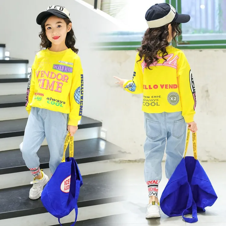 

Girls Spring And Autumn Denim Suit 2019 New Style Korean-style Big Boy Pullover Lettered Western Style Two-Piece Set
