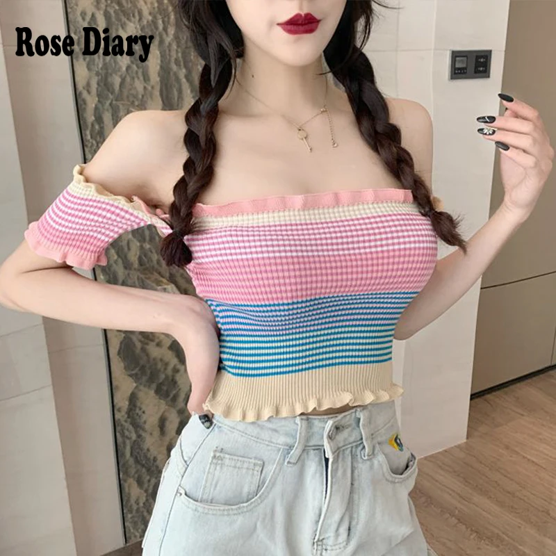RoseDiary вязаные летние милые полосатые укороченные топы сексуальные с открытыми