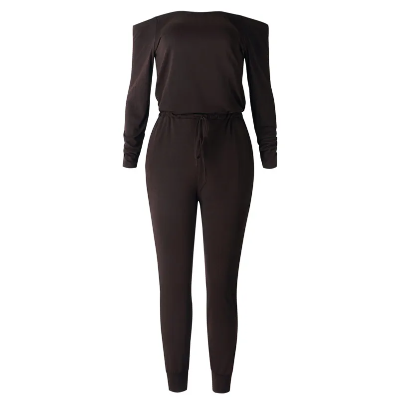 coffee jumpsuit Комбинезон с открытыми плечами женский сексуальный хлопковый комбинезон с вырезом лодочкой Осенняя уличная одежда с длинным рукавом комбинезон с карманами с поясом боди костюм - Цвет: coffee jumpsuit